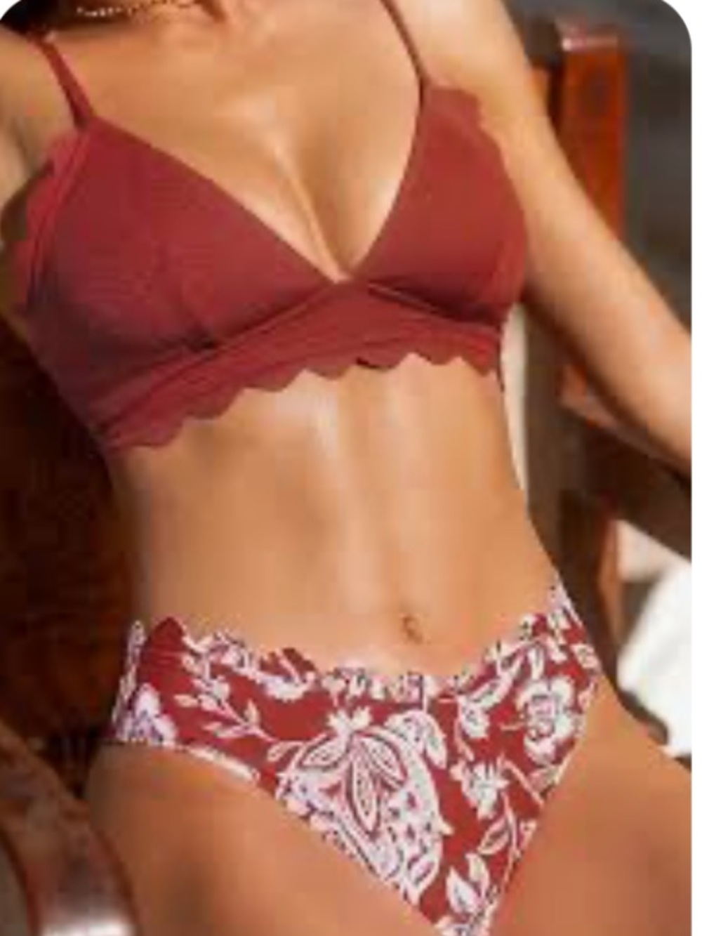 Red Scallop Trim Floral Bikini Set